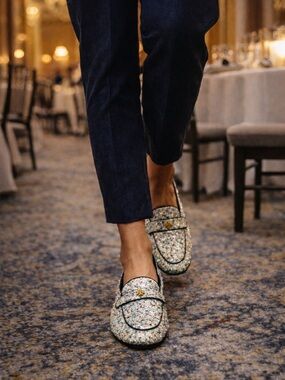 Tory Burch Ballet Mirror Sequin Navy Leather Trim Loafers US 8.5 Box NEW